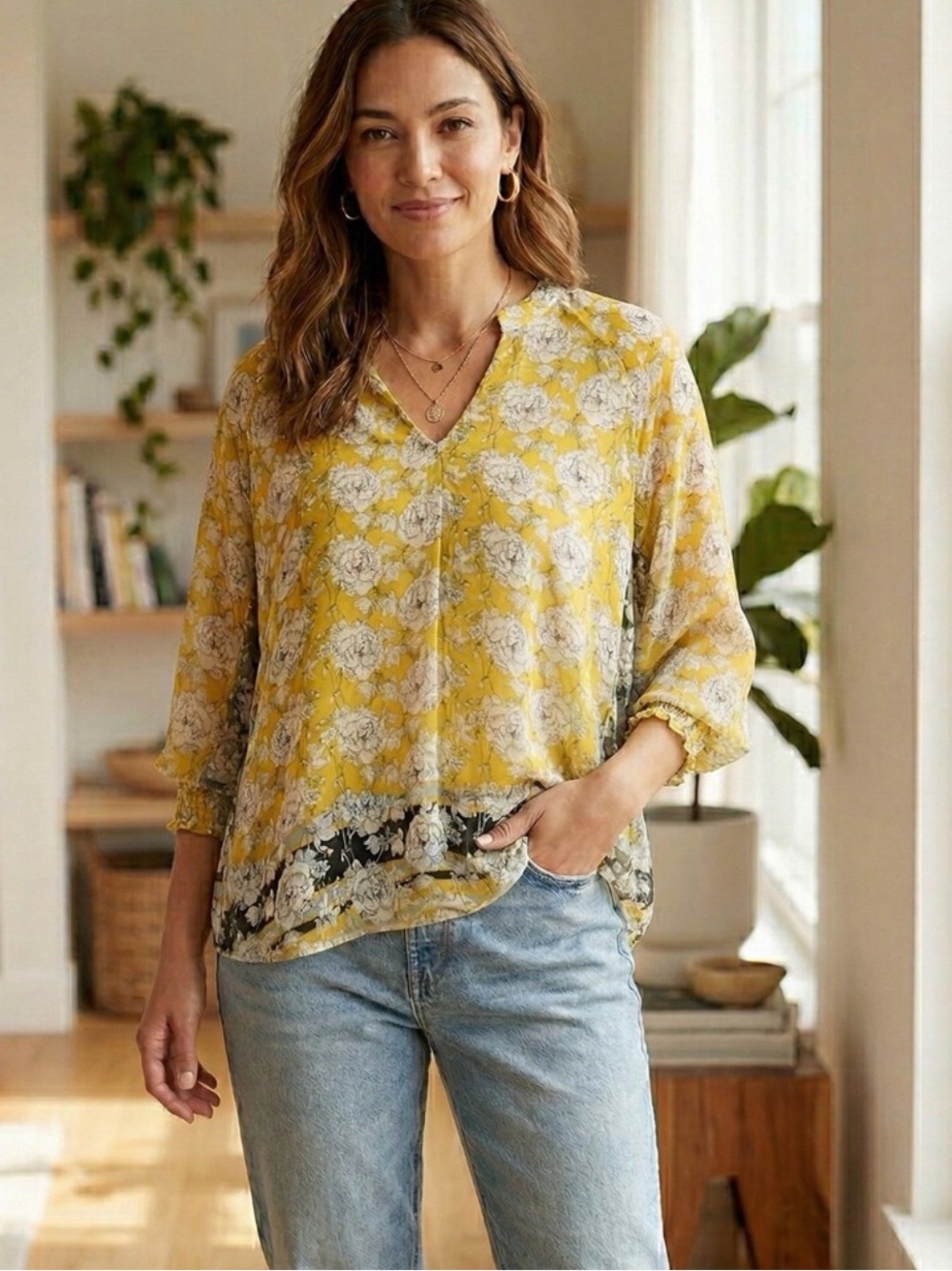 CAbi | 5713 Amelia Yellow Gray Gather Blouse Size M